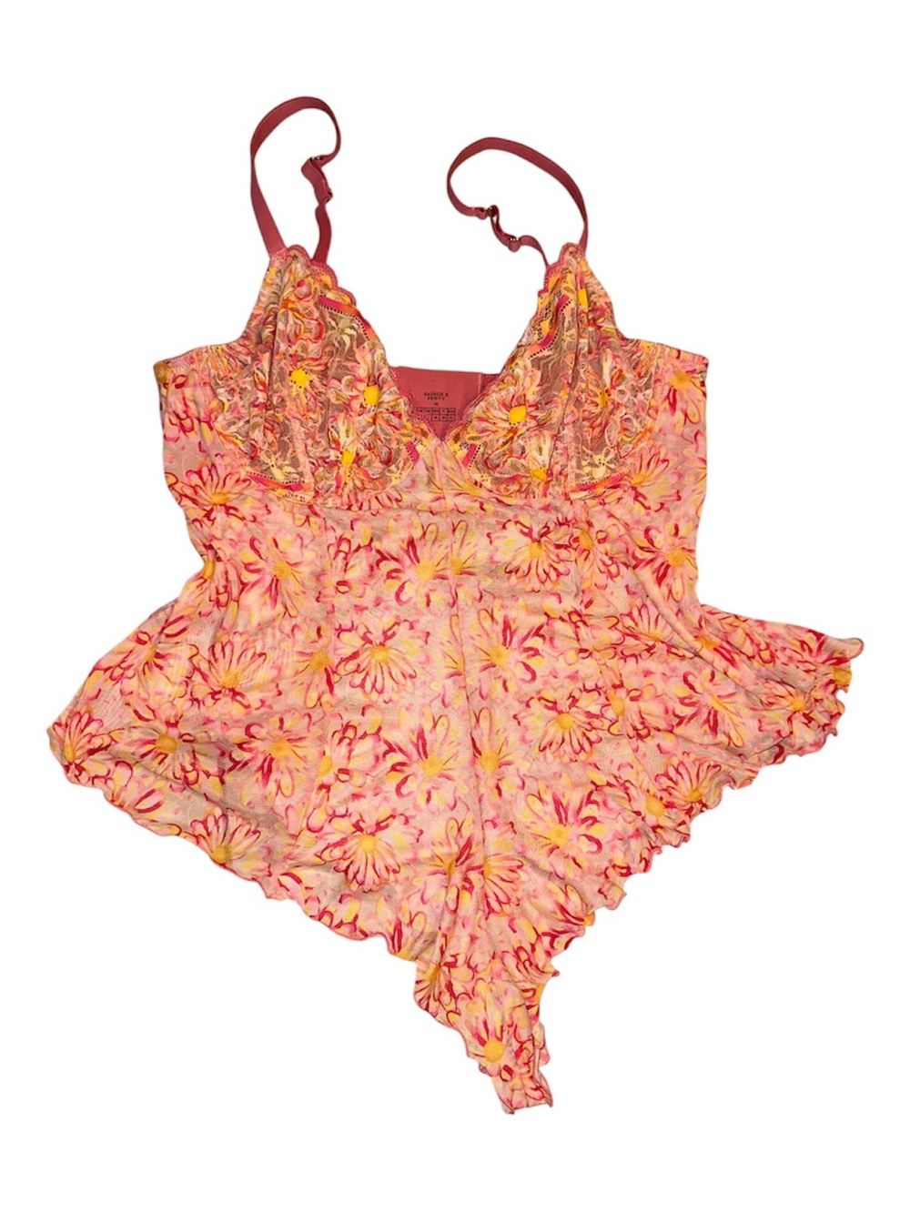 Savage X Fenty Floral Lace-Trim Teddy w/ Underwire in Pink and Yellow